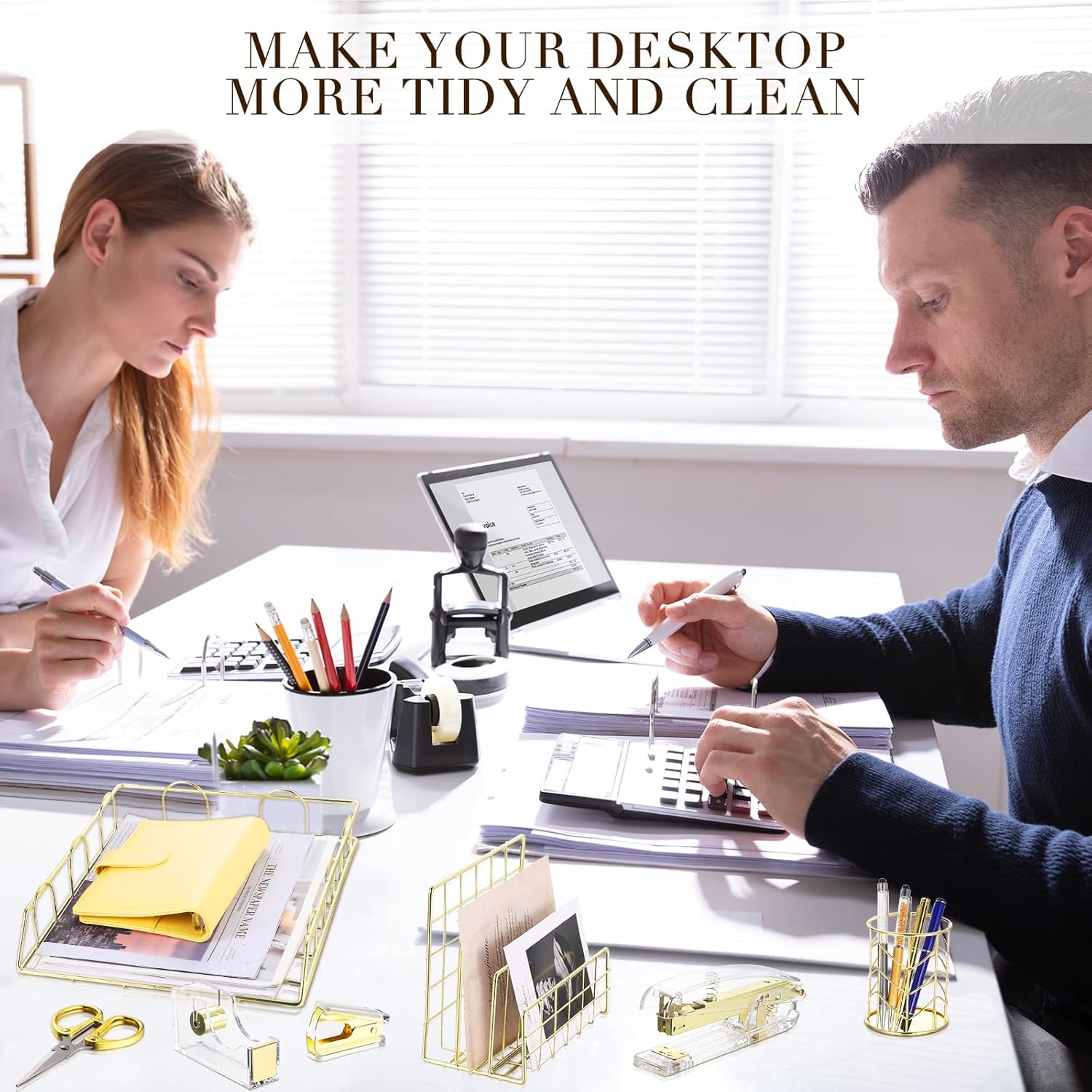 Yaomiao 13 Pcs Desk Accessories Set Kit Organizer Office Supplies Teacher Women School Gift Acrylic Stapler Staple Remover Tape Holder Pen Cup Magazine File Letter Clip Phone Holder Scissor(Gold)