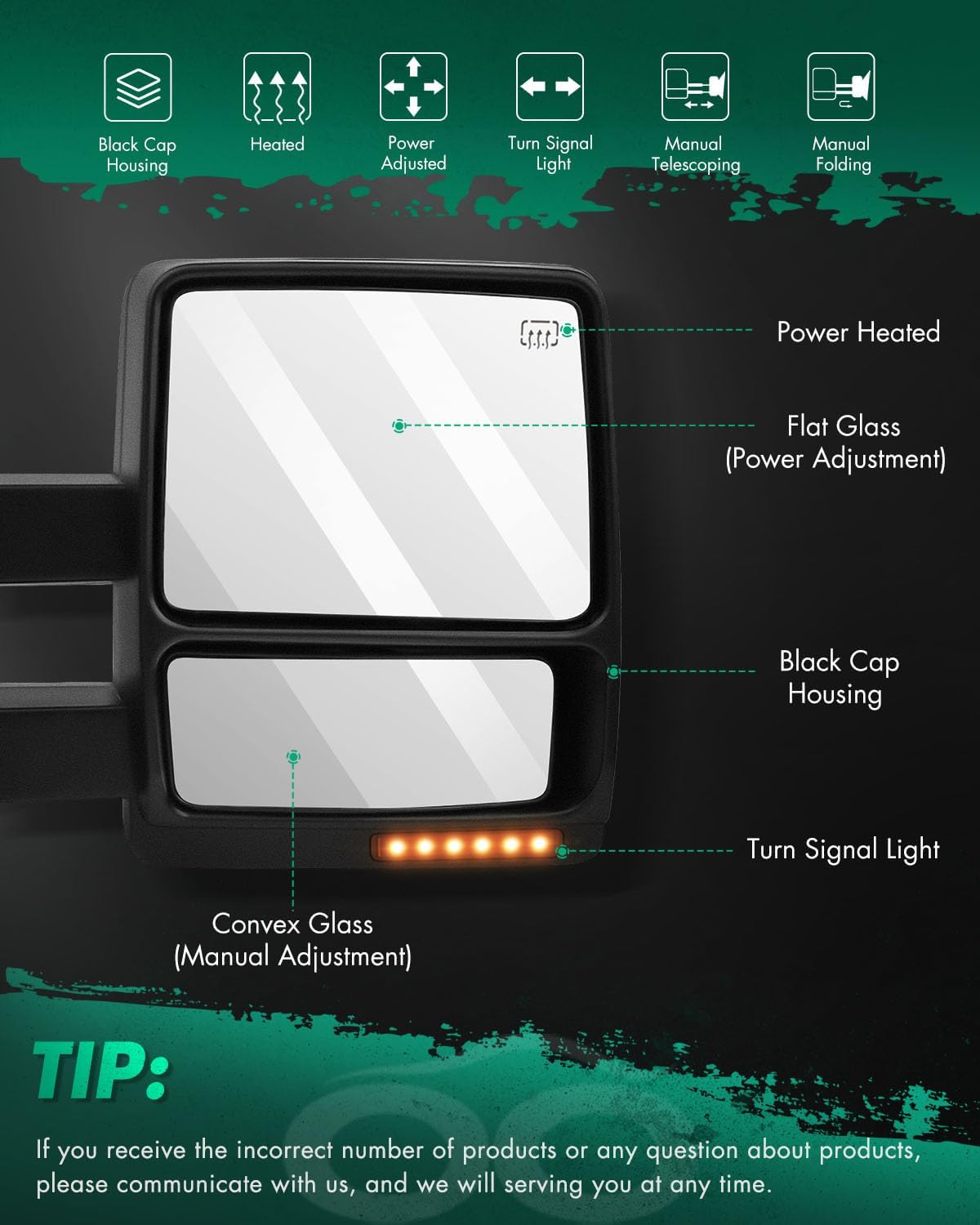 SCITOO Tow Mirror Compatible with for 2007-2014 For Ford For F150 Pickup Truck Power Adjusted Heated Turn Signal Light Black Housing Manual Telescoping Folding RH