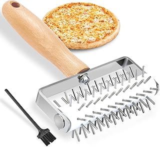 Pizza Dough Docker, Professional Dough Roller with Stainless Steel Spikes Wood Handle, Sturdy Pizza Docking Tool for Home & Commercial Kitchen, Time-Saver for Making Pizza Pie Pastry Bread