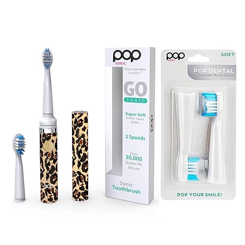 Cepillo de dientes Pop Sonic (leopardo), paquete de 2 cabezales de repuesto, cepillo de dientes alimentado por batería con 2 velocidades y