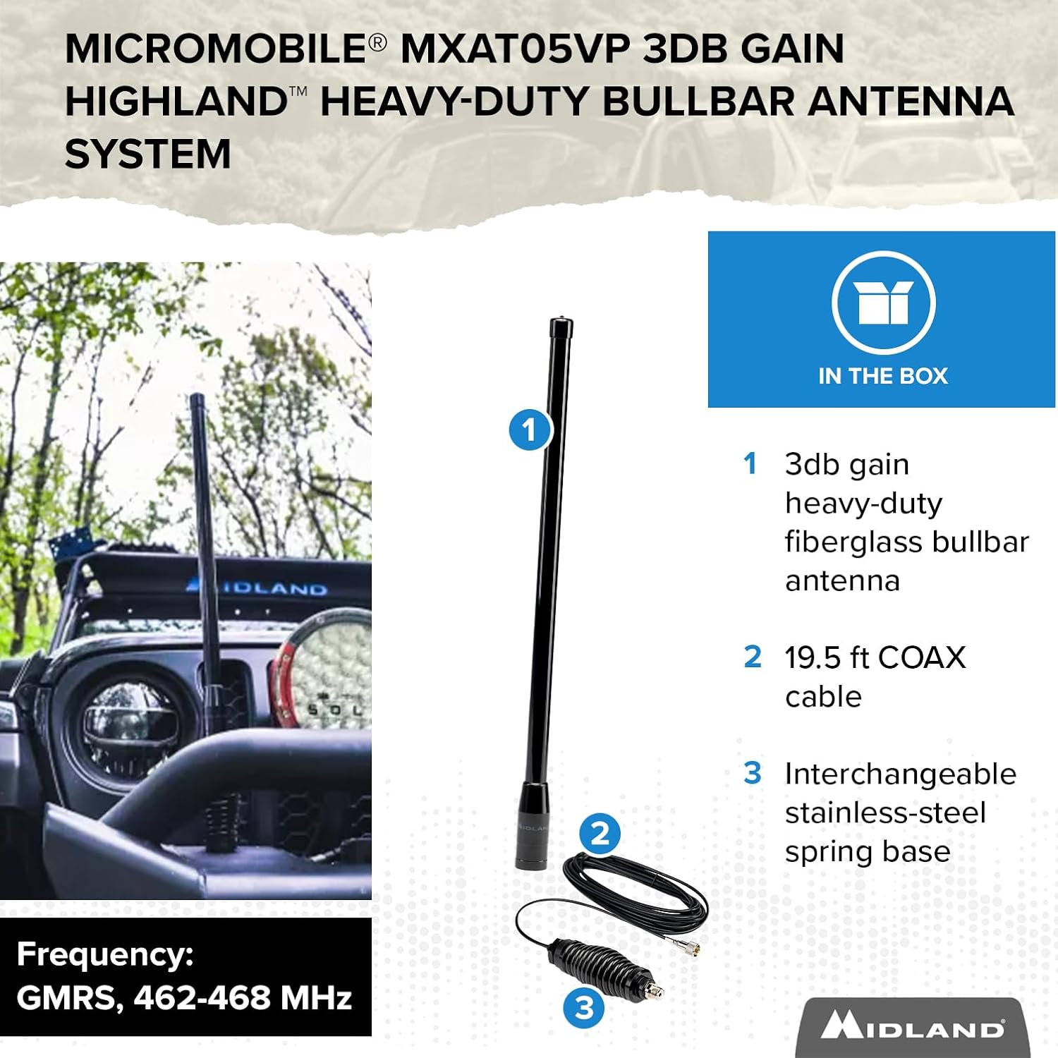 Midland - MXAT05VP-3dB Heavy-Duty Bull Bar Antenna Spring Base Micromobile - 28.5” with 462-468 MHz Frequency - Long Range GMRS Communication - Overlanding Off-Roading - Easy to Install