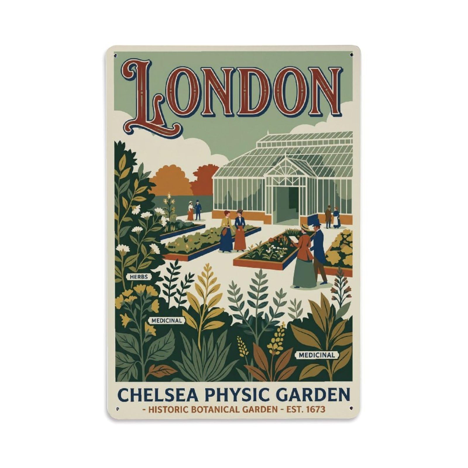 Vintage Travel London Chelsea Physic Garden Botanical Clean England Metal Tin Sign Plaque Wall Decor for Cafe, Club Bar, Office, Home Garden Metal Poster 8x12Inch