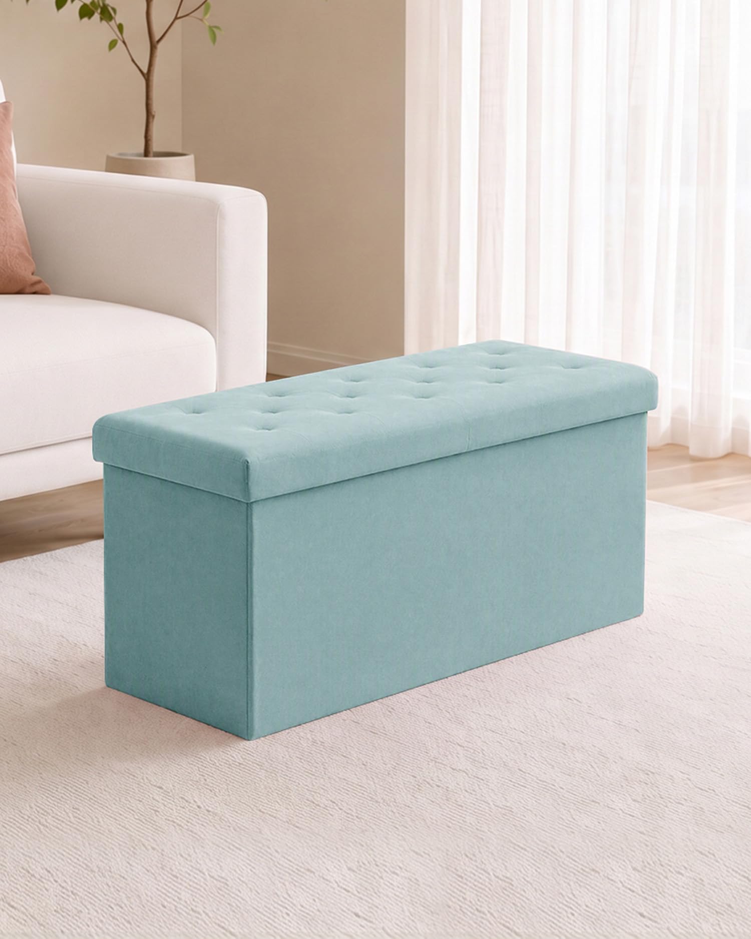 Bonlife Pliable Banc de Rangement Poufs et Repose Pieds Grand Coffre a Jouet Banc avec Espace de Rangement Flanelle Verte 80X40X40cm