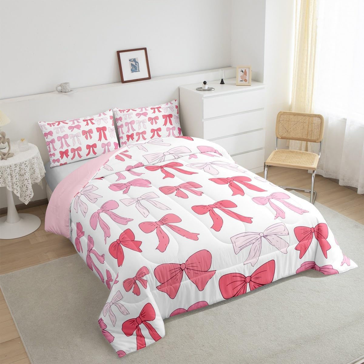 jejeloiu Pink White Bowknot Girly Bedding Set Cute Ribbon Bow for Kids Duvet Set Bow Pattern Twin Size Comforter Set Bedroom Decor Cartoon Cute Breathable Soft Quilt Set 2Pcs