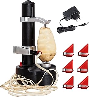 Éplucheur de Pommes de Terre Électrique, Éplucheur de Fruits et Légumes Automatique avec 6 Lames de Rechange, Adaptateur 6V Inclus
