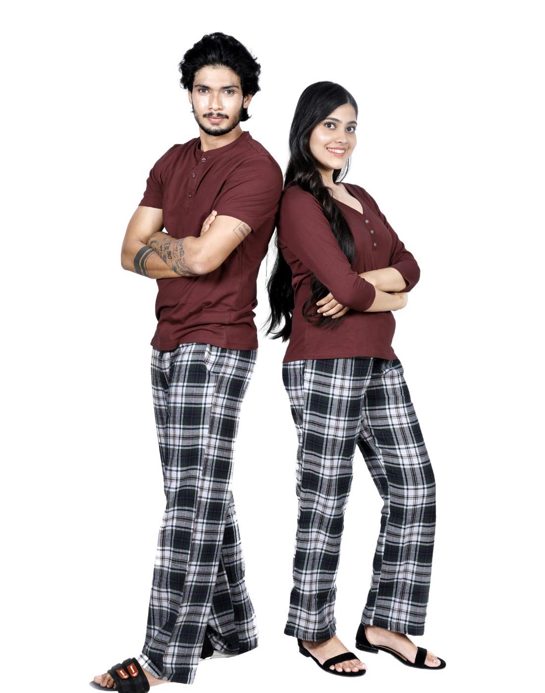 Women's & Men's Cotton Checkered Pyjama Set Pack of 2-image-37