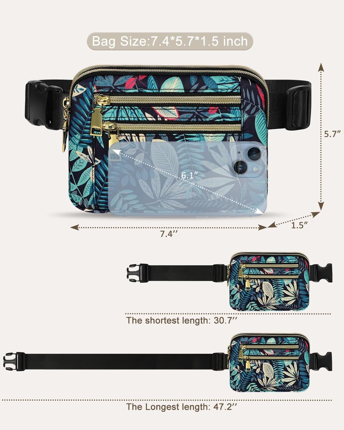 Waist Bag Fanny Pack For Women Men Small Belt Bag With Adjustable Strap And 4 Zipper Pockets Fashion Waist Packs For Gym Travel Running Hiking Workout(Blue Leaves) - Image 3