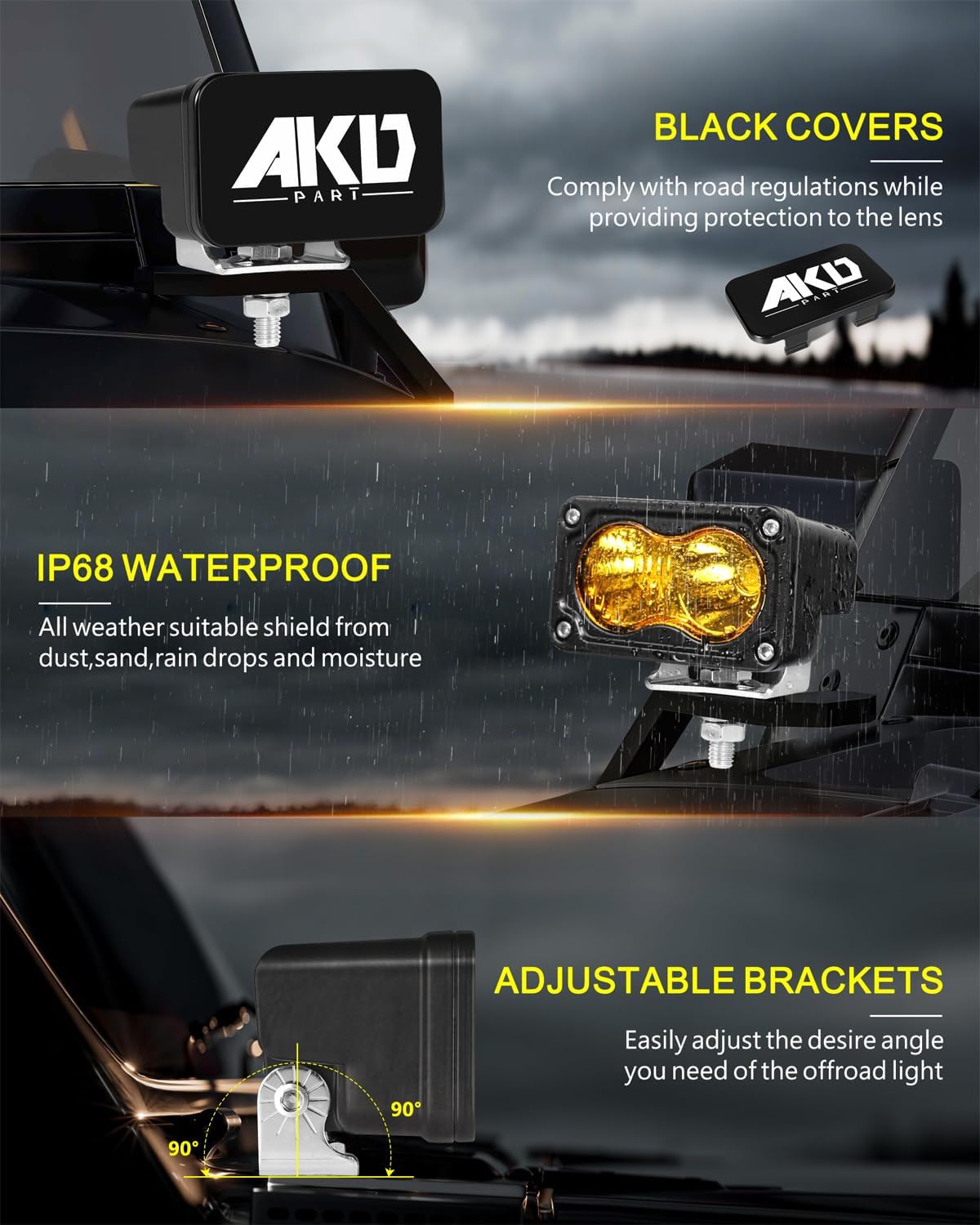 Yellow LED Pods with Wiring Harness & Black Covers 3" 40W CREE LED Ditch Lights Spot Flood Combo Fog Lights Yellow Chase Head Light for Trucks Motorcycle SUV UTV ATV Dirt Bike
