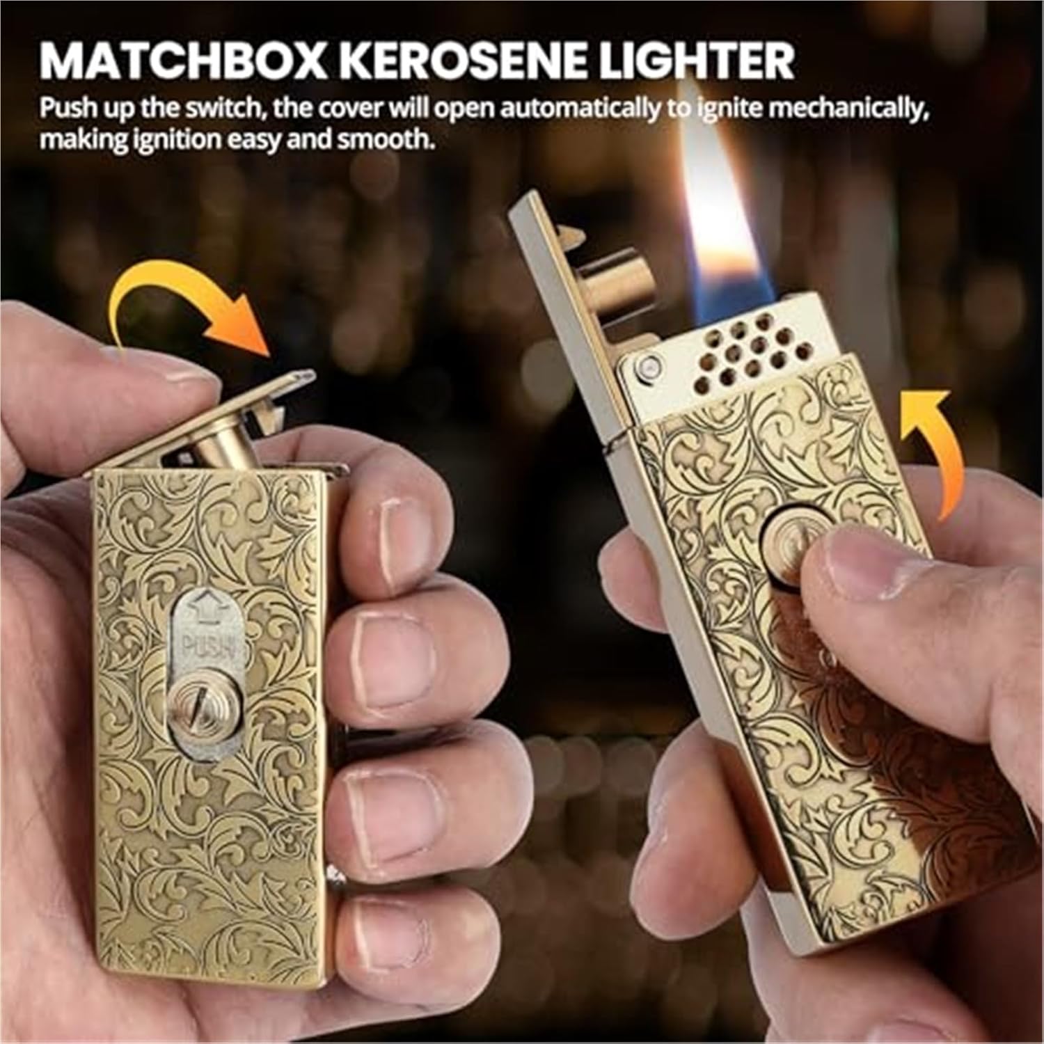 Lifting Vintage Brass Kerosene Windproof Lighter, Matchbox Lighter, Hand-Carved, Push-Pull Ignition, refillable Fuel, Suitable for Collection Decoration (Kerosene not Included)(B)
