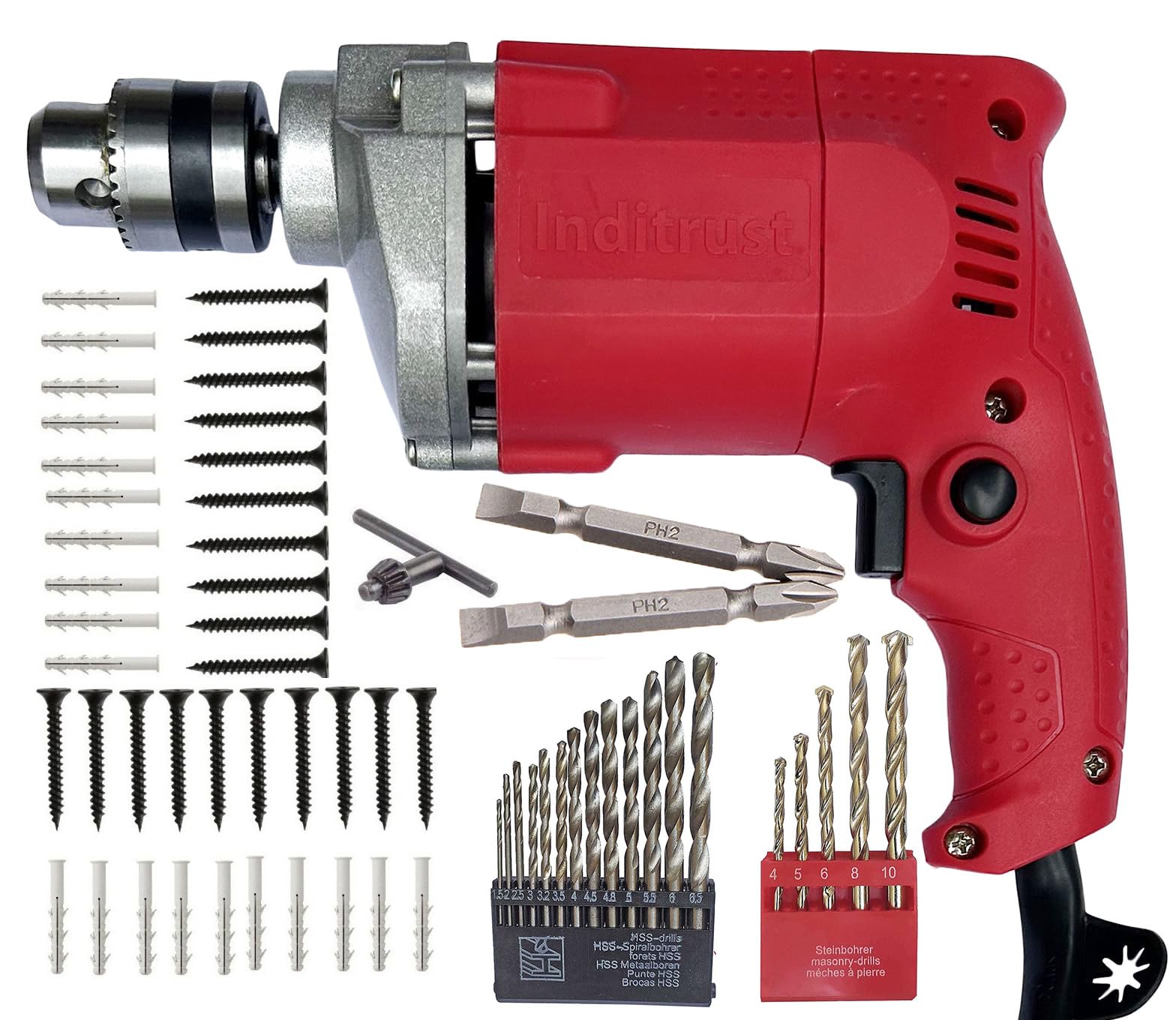Inditrust New 3 MONTHS WARRANTY 10mm Drill machine 350w 13pc HSS 5pc Masonry 20+20 Screw Patch & 2pc Ph2 +- Power & Hand Tool Kit (B0CGJD5PYT) Amazon Price History, Amazon Price Tracker