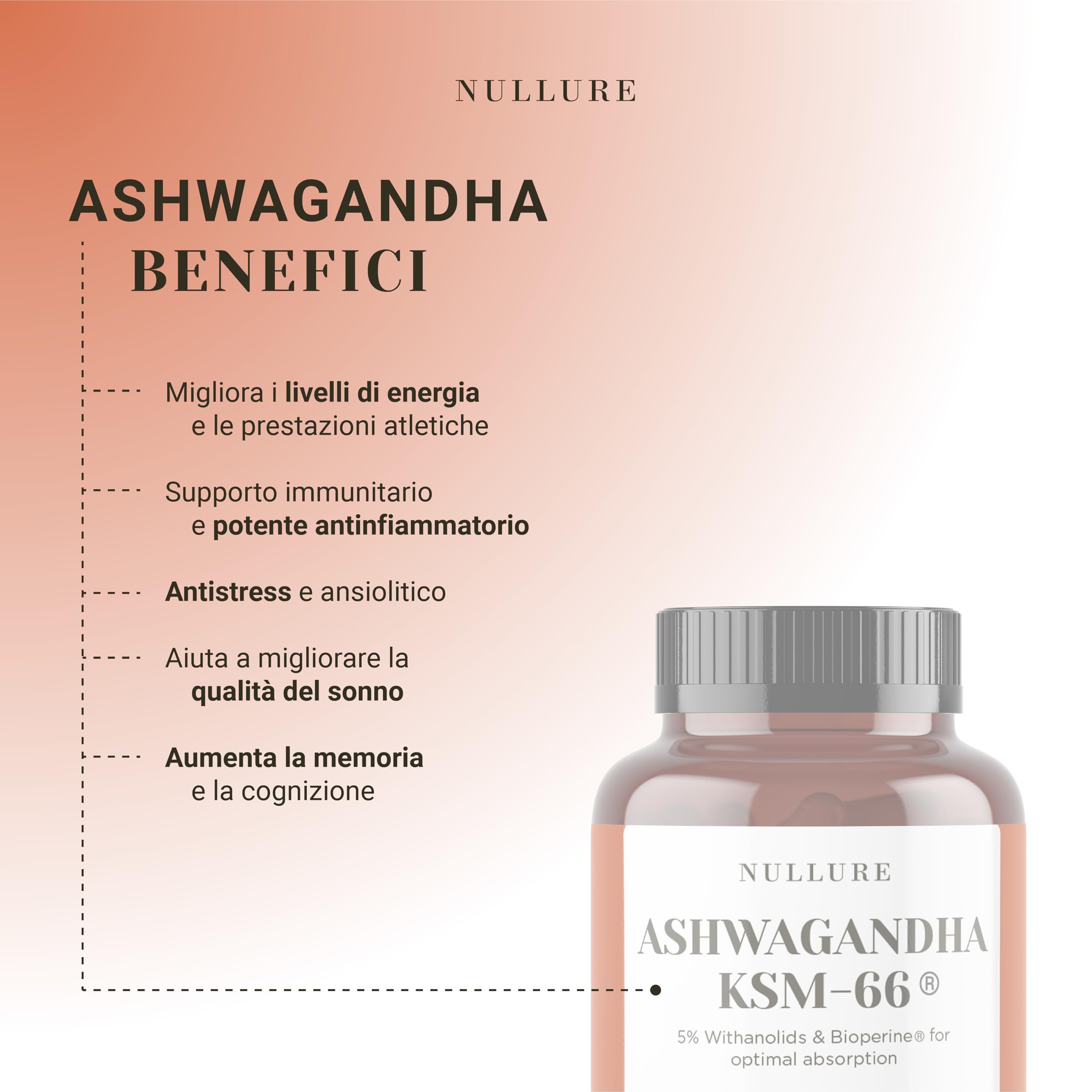 Nullure Bio Ashwagandha KSM-66 - Organica + BioPerine | Testato in Germania | 600 mg | 5% Withanolidi | Vegano | Abassare il Cortisolo · Equilibrio · Vitalità | 120 capsule (2 mesi)