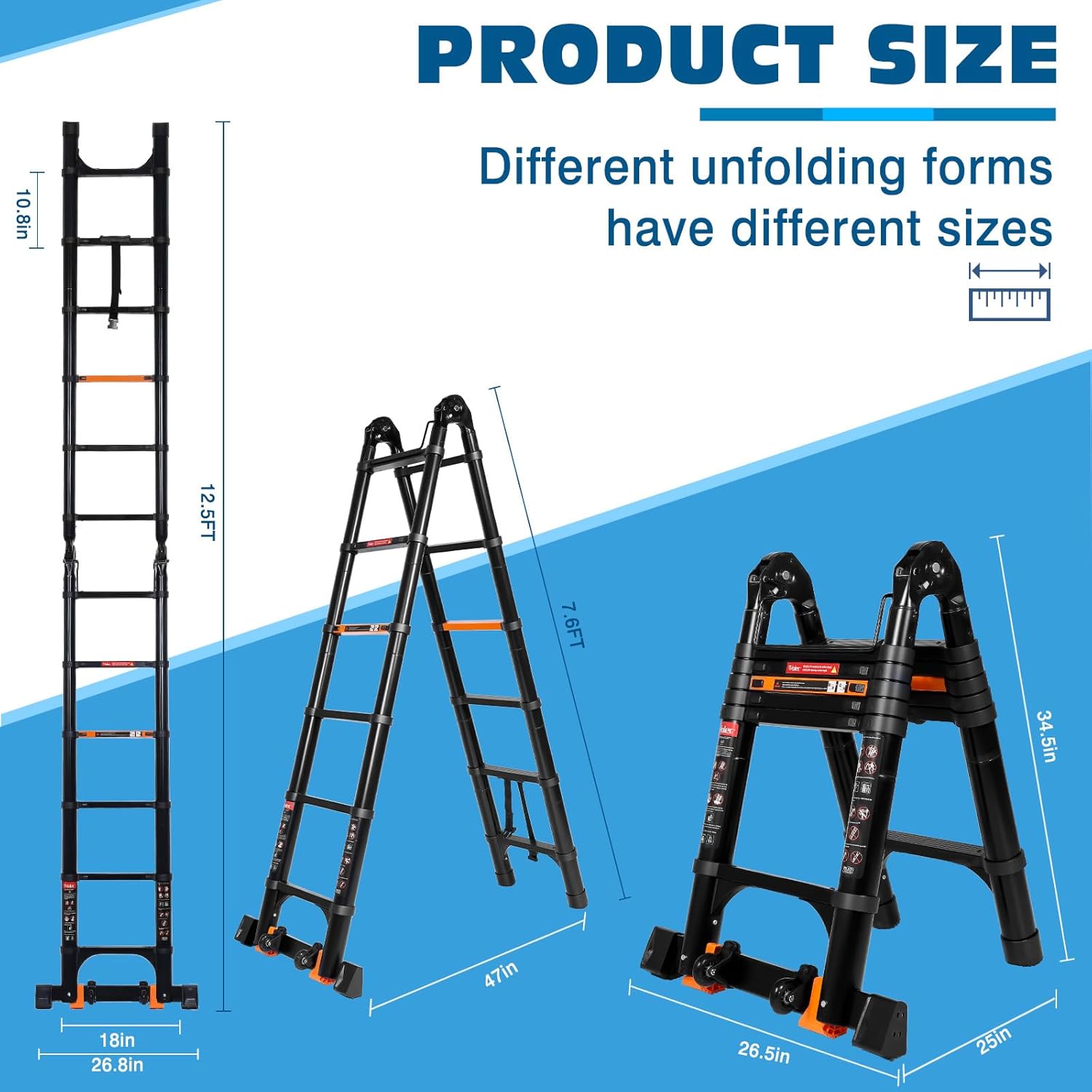 Wolec 12.5 FT A Frame Telescoping Ladder, Extension Multi-Purpose w/Balance Bar & Wheels, Ladder A Frame, Heavy Duty 330 lbs Max Capacity, Ideal for Home and Outdoor Work, Black Black 12.5 FT A Farme