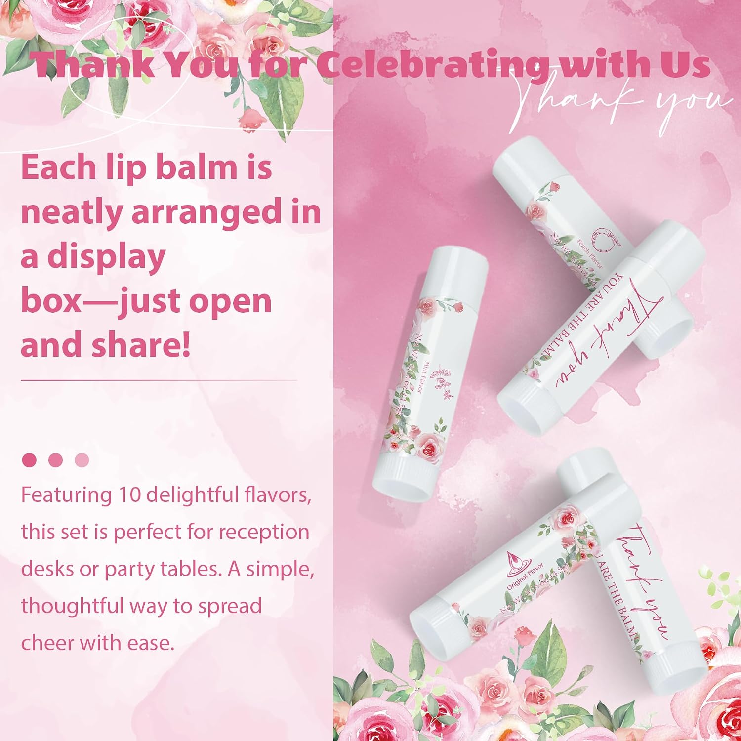 50 Pack Moisturizing Lip Balms in Bulk Pink Floral Flower Wedding Gifts Reception Ideas It's a Girl Baby Shower Party Favors Thank You For Celebrating With Us Return Gift You Are The Balm