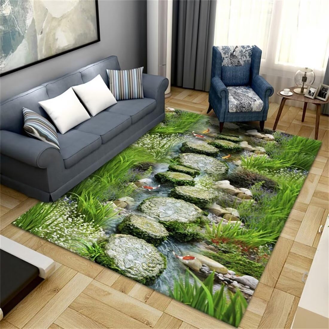 Moquette verte paysage lavable au motif artistique unique pour habiller une chambre à coucher