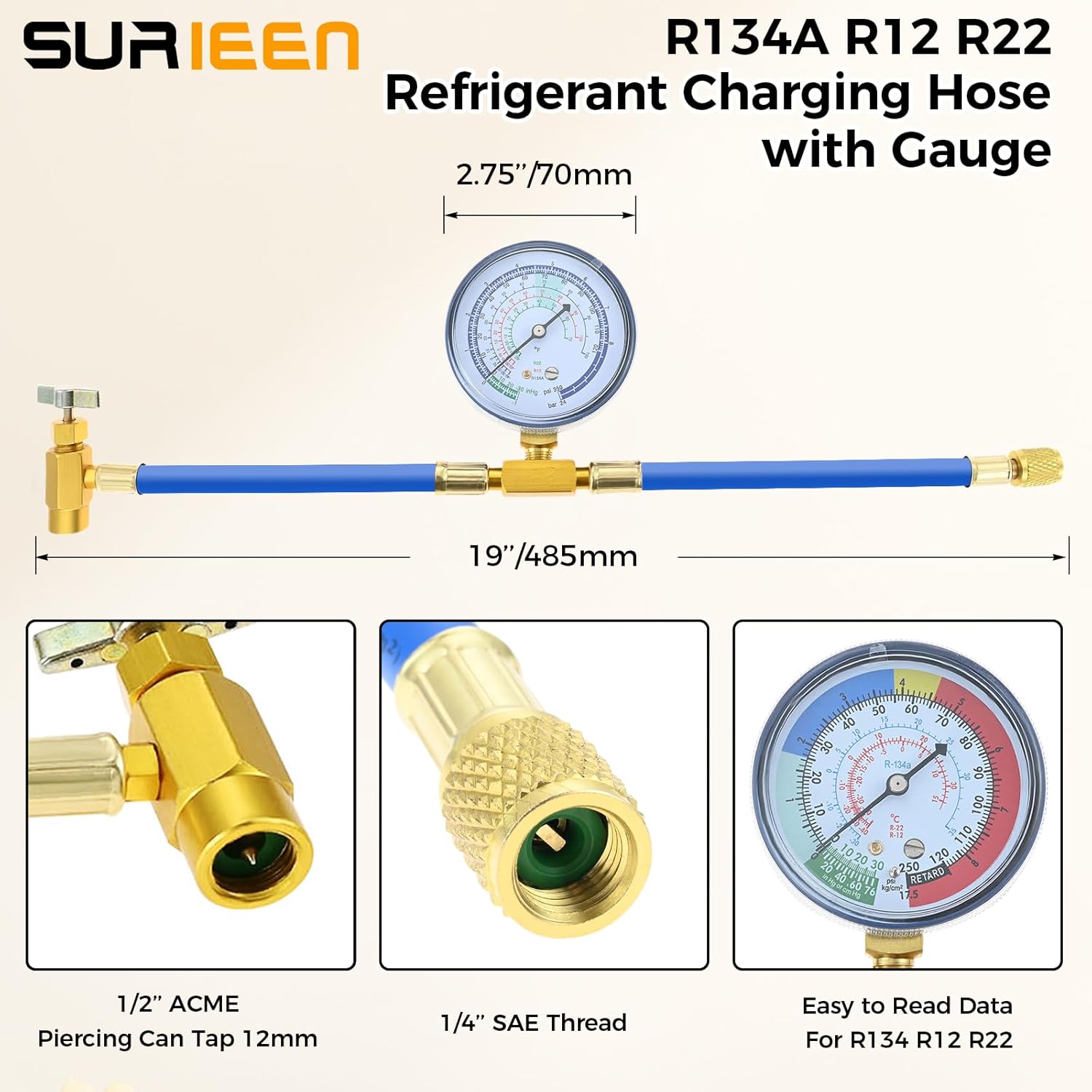 R134A Refrigerant Recharging Hose Kit with Gauge, BPV31 Bullet Piercing Tap Valve, R134A Low Side Quick Coupler, R410A Straight Adapter 1/4" SAE Male to 5/16" SAE Female