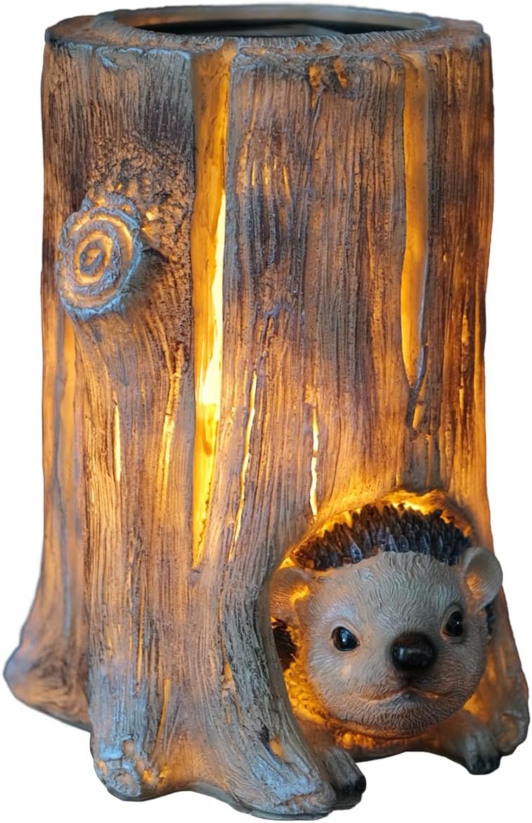 Landoraloria Solar Powered Waterproof Tree Stump Hedgehog Garden Statue with LED Light, Outdoor Decorative Resin Figurine