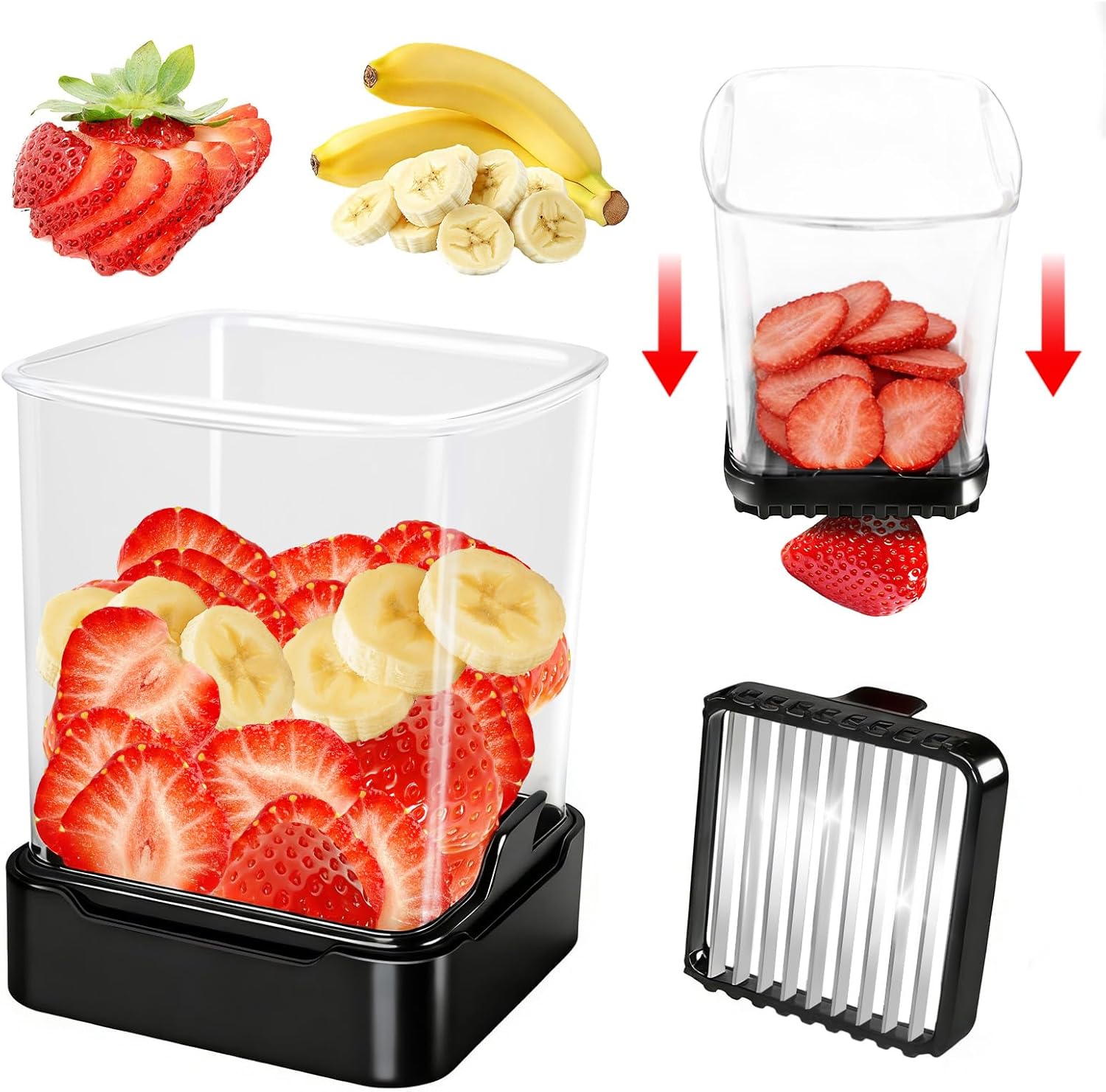 Fruit Slicer Cup for Strawberry, Banana, Hard-Boiled Egg – Detachable Cutter with Push Plate – Rapid & Safe Slicing Kitchen Gadget for Quick Meal Prep (Black)