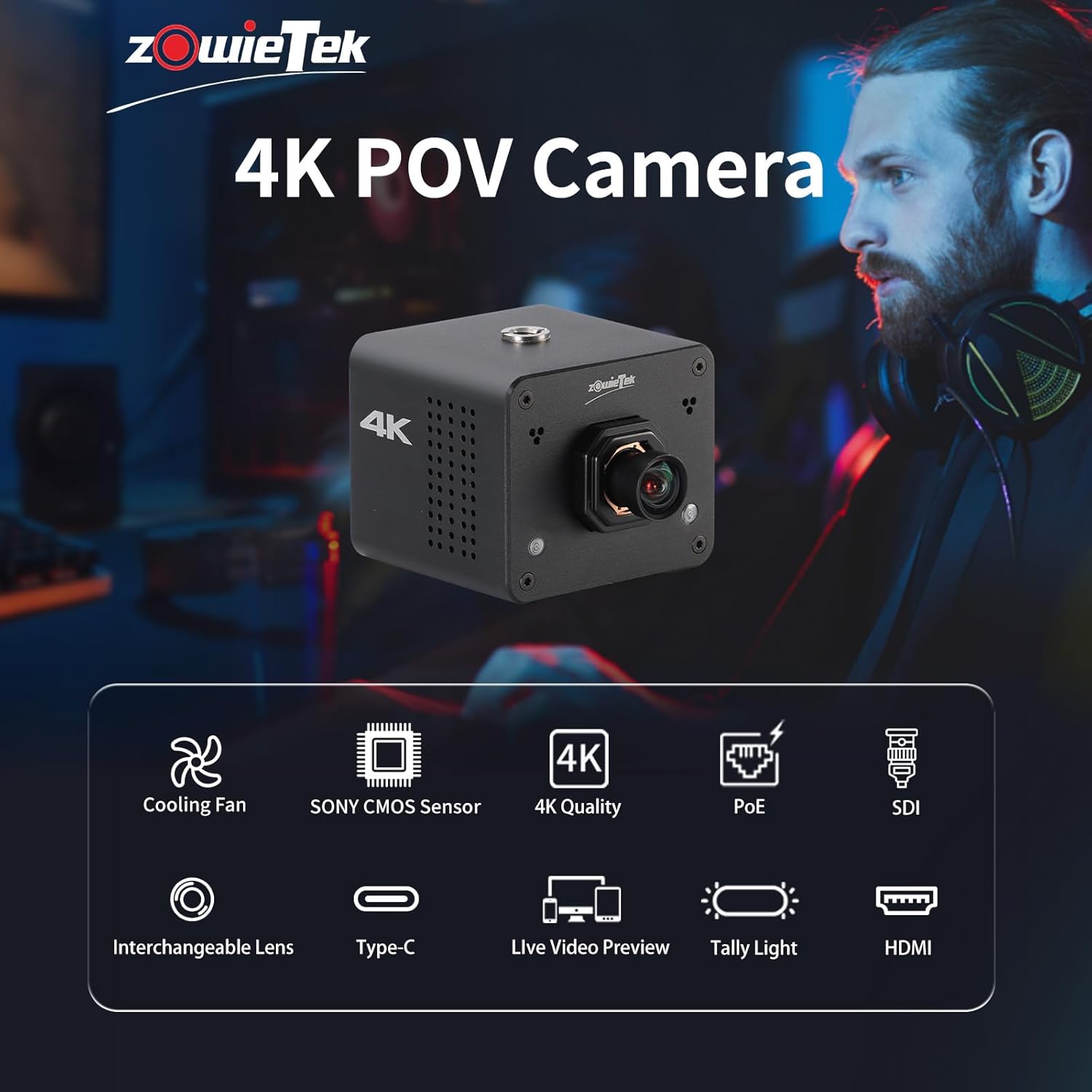 zowietek 4K POV Box Camera PoE, ZowieCAM, Auto Focus, SDI & HDMI & UVC Output, Standalone RTSP/RTMP(s)/SRT Live Streaming, Ultra-Compact, Interchangeable Lens, PC/Mobile Phone/Tablet Control (M12 AF)
