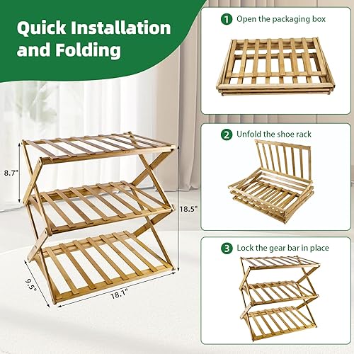 Miniatura 3 de Zapatero de bambú de 3 niveles, organizador plegable de almacenamiento de zapatos para armario, dormitorio, entrada y sala de estar, diseño portátil