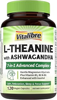 L-Theanine 200mg Supplement, Magnesium Glycinate, Ashwagandha, Inositol, Vitamin B1 B2 B6, No Gluten, Calm, Relaxation, Focus, Cognitive Function, 120 Vegan Caps
