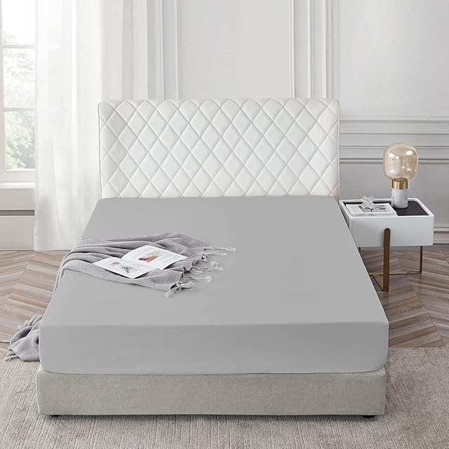 AR Ware Double Fitted Sheet 100% Egyptian Cotton 300 TC, Breathable Extra Deep Fitted Sheets Double Bed, Hotel Quality 30 Cm Fitted Bed Sheets Double (Grey)