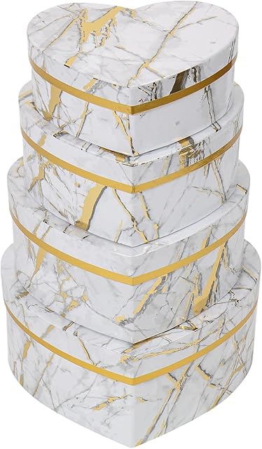 Oairse Set of 4 Gift Box with Lids Heart Shaped Box Marbling Gift Boxes Florist Hat Boxes Jewelry Storage Box for Valentine's Day, Mother's Day, Birthday, Thanksgiving, Chocolate, Flowers, Crafting