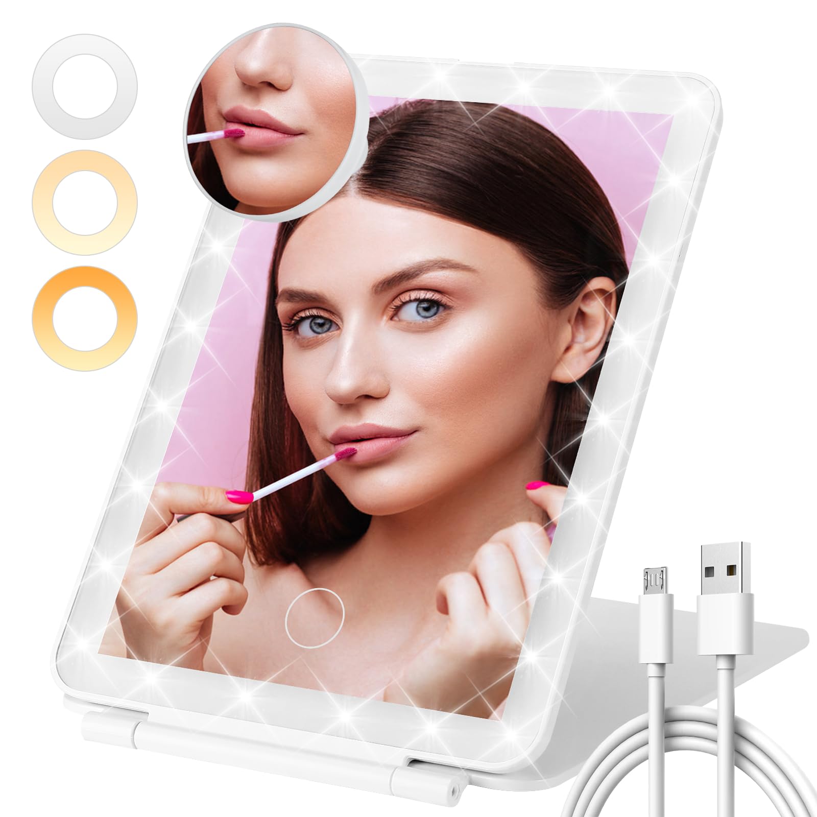 Farerkass Espejo Maquillaje con Luz Recargable 3 Colores de Luz, Espejo con Luz para Maquillaje con Espejo Aumento con Luz 10X, Interruptor Táctil Brillo Ajustable, para Doméstico, Viajes, Maquillaje