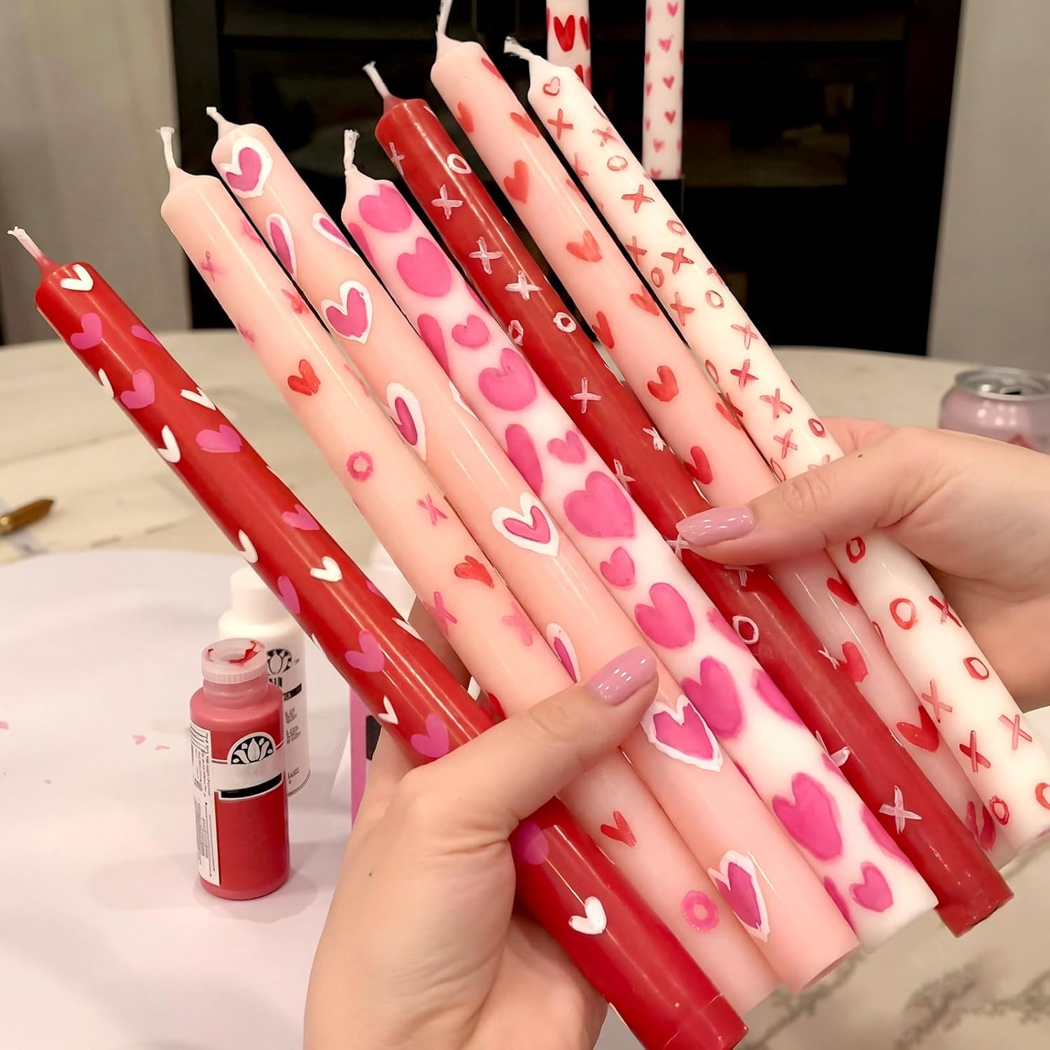 Treela 84 Pcs Galentine's Day DIY Candle Painting Kit Include 10 Inches White Pink Red Taper Candles 60 Colored Tealight Candle 12 Paint Brushes for Valentines Gifts Adult Crafts Centerpieces