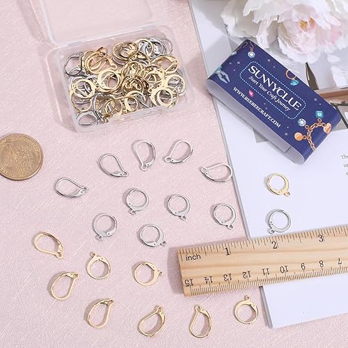 Miniatura 53 de SUNNYCLUE 1 caja de 80 ganchos para aretes chapados en oro real de 18 quilates, de acero inoxidable con cierre de palanca, aros de palanca para 80
