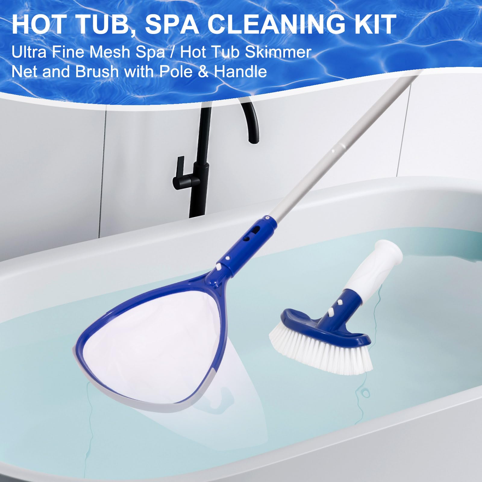 POOLAZA Spa, bañera de hidromasaje, red de skimmer de piscina y cepillo con mango de agarre y poste de piscina de aluminio de 35 pulgadas, red de 9 pulgadas de profundidad, spa de malla fina, bañera