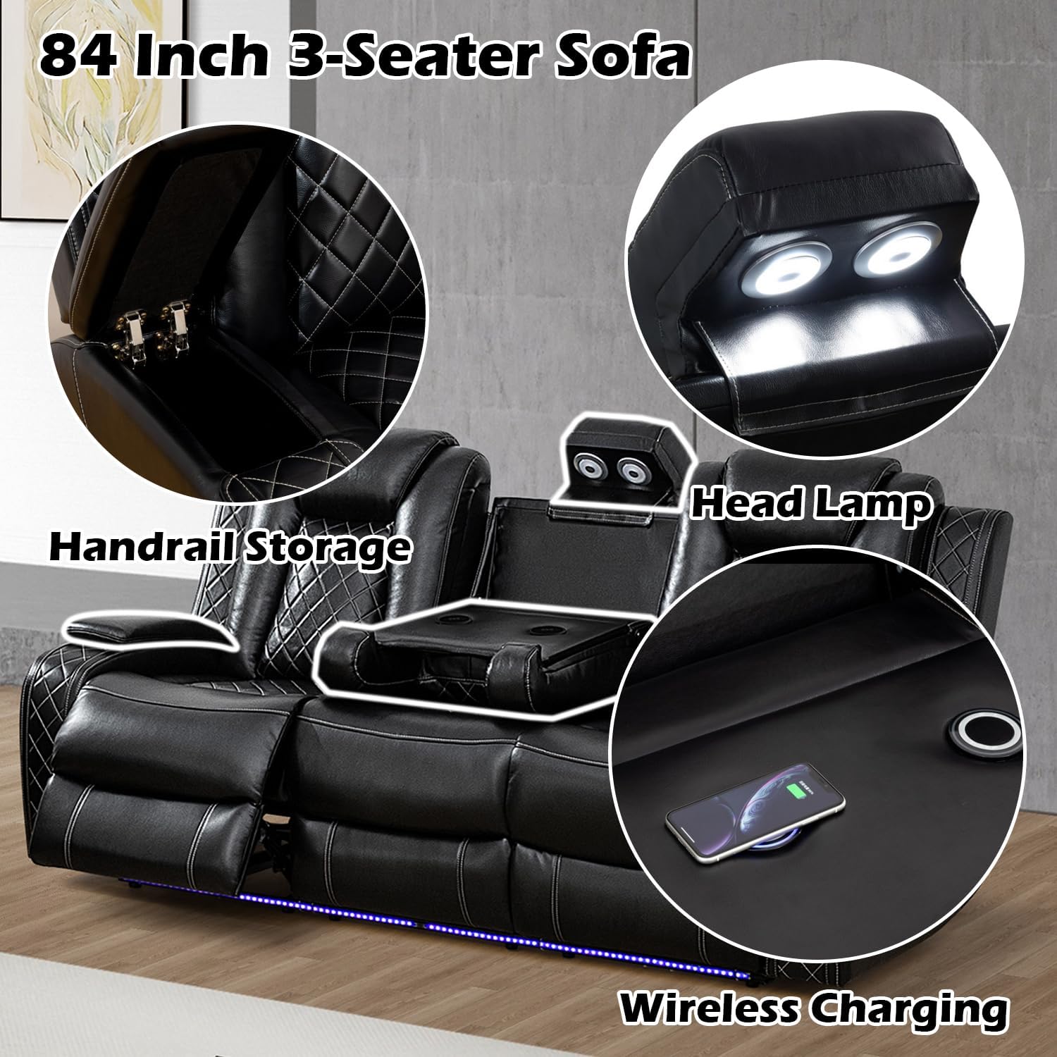 Leather Power Recliner Sofa Set with LED Light，Living Room Furniture Set, Leather Reclining Sofa Set with USB Port Storage Armrest(Sofa+Loveseat+Chair, Black)