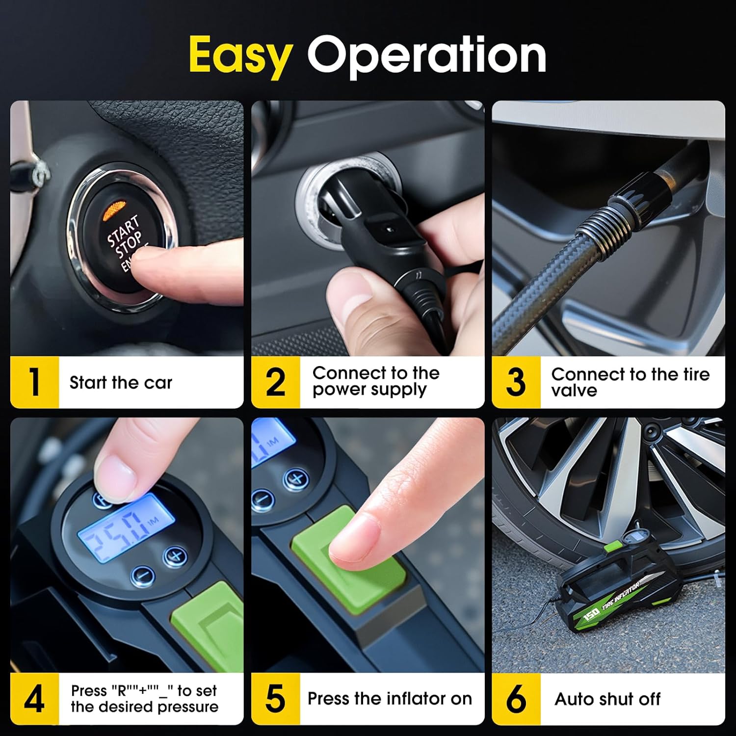 FLYKID Tire Inflator Portable Air Compressor- 12V DC Air Pump for Car Tires with 150PSI LCD Digital Gauge & Emergency LED Light,Auto Tire Pump for Cars,Motorcycles,Bikes,Balls - Image 7