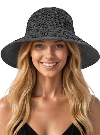 Sun Hats for Women, Summer Beach Straw Wide Brim Bucket Hat