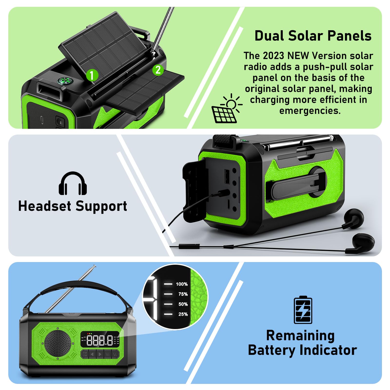 12000mAh Solaire Radio à Manivelle, Wholede AM/FM Radio Portable avec Chargeur de Téléphone, 2 Panneaux Solaires,Alarme SOS,Lampe de Poche pour Camping, Ourdoor, Urgence
