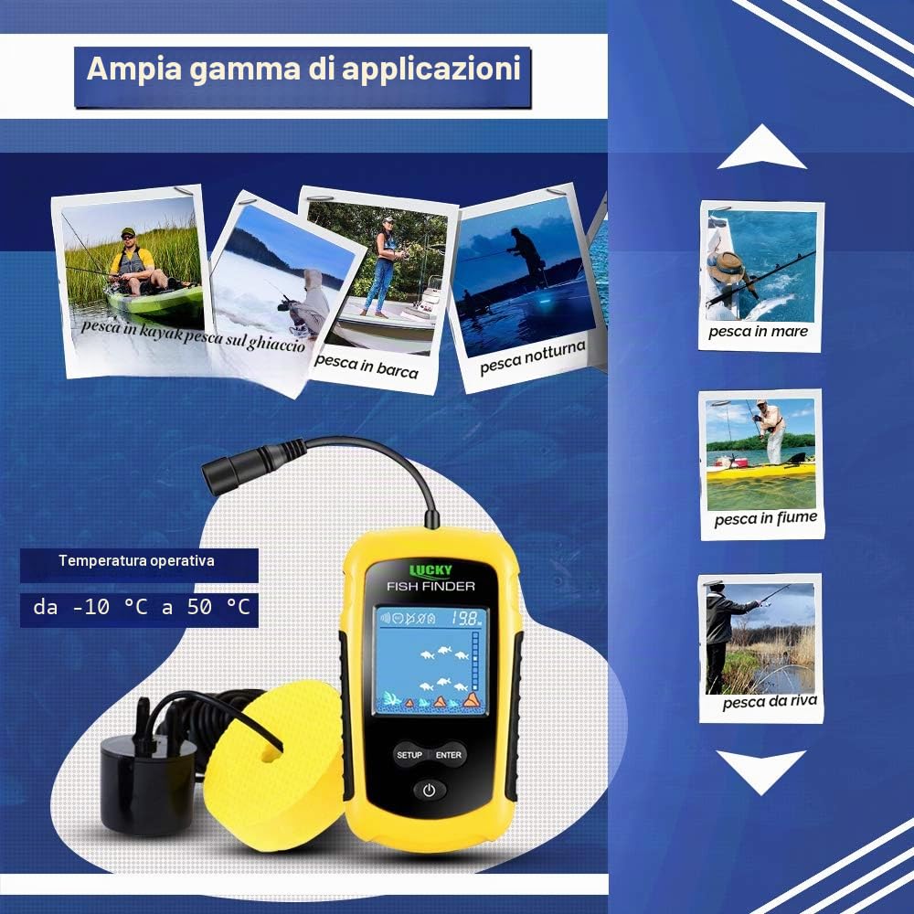 LUCKY Kayak Portatile Cercatore di Profondità dei Pesci Ecoscandaglio Portatile per Acqua Sonar Calcinabile Barca in Kayak Display LCD da Pesca con Trasduttore Ecoscandaglio FFC1108