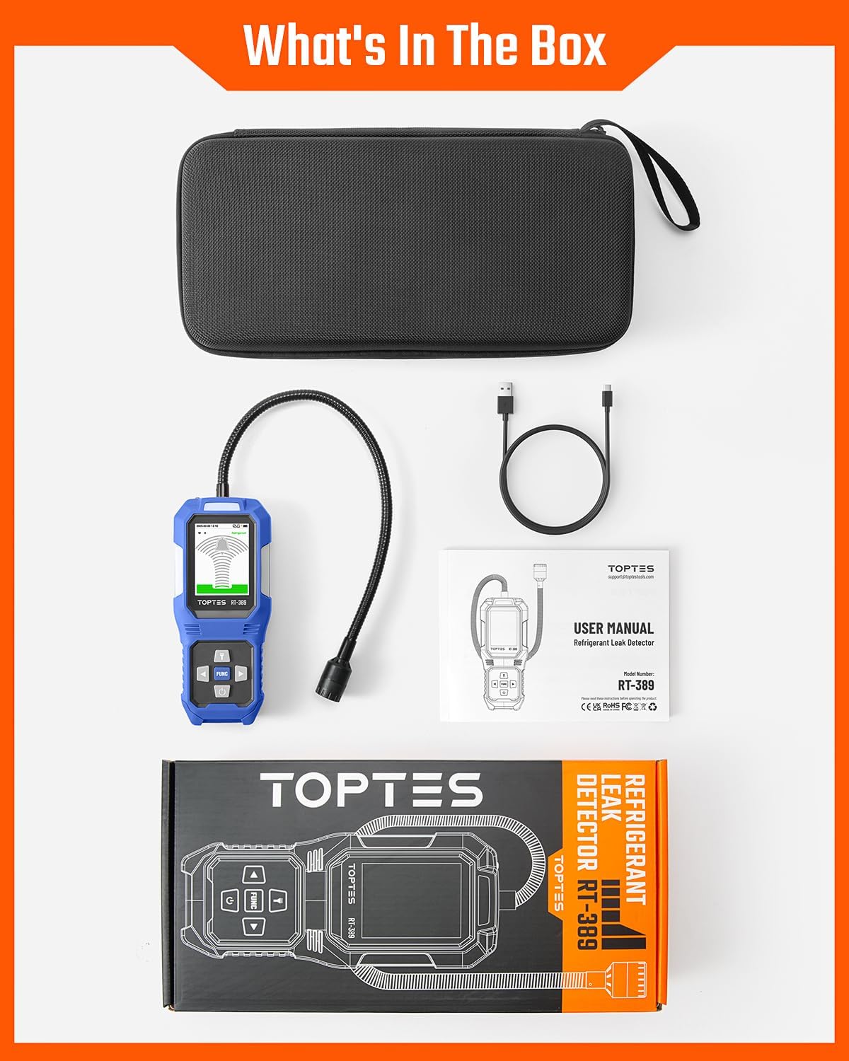 TOPTES RT-389 Rechargeable Refrigerant Leak Detector, HVAC Freon Leak Detector with 3 Sensitivity Modes & 3 Alarm Types, Air Conditioning Detection for CFCs, HCFCs, HFCs, HFOs, HCs - Blue
