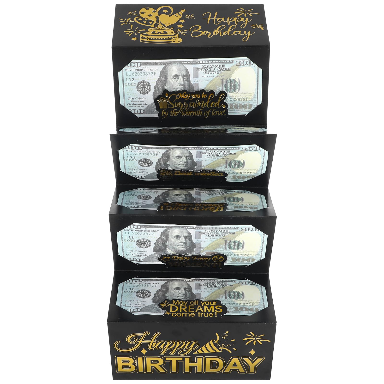 Piriuuo Birthday Money Envelope, Birthday Money Holder for Cash Gift Black Gold Happy Birthdays Moneys Gift Holder with 6 Slots for Cash Surprise
