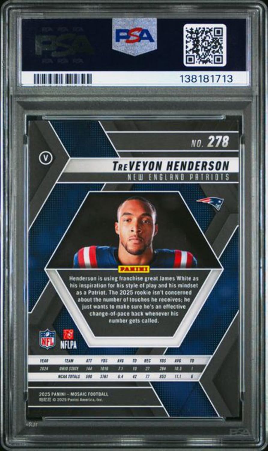 Graded 2025 Panini Mosaic TreVeyon Henderson #278 Rookie RC Football Card PSA 10 Gem Mint