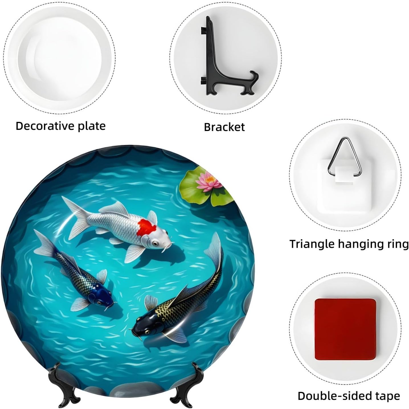 Koi Fish In Stone Pool Style Ceramic Plate Display Decorative Plate With Stand Wall Hanging Plate For Home Decor 10 Inch