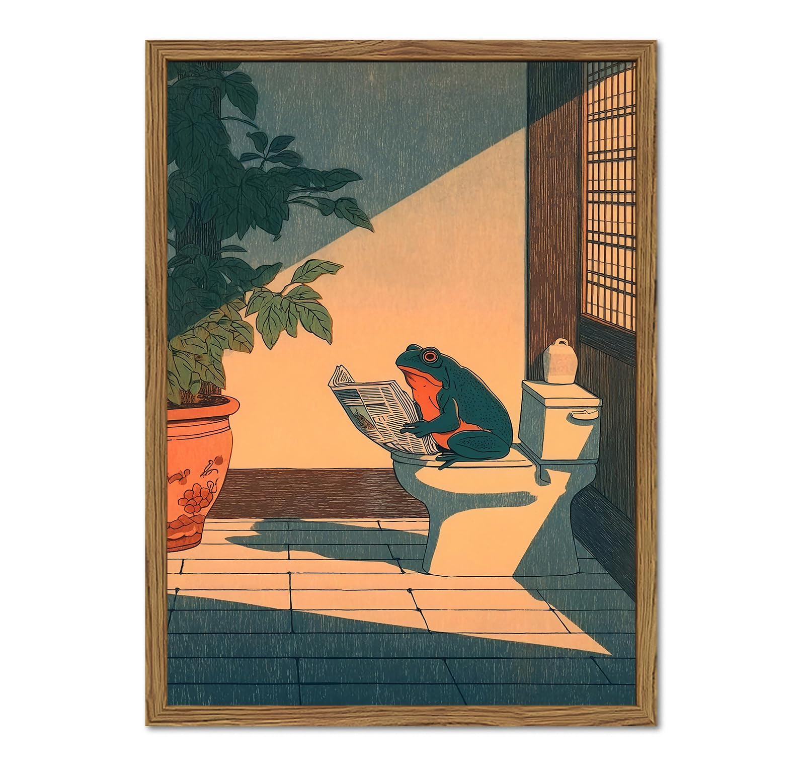 Funny Frog Bathroom Wall Art, Cute Japanese Frog in Toilet Wall Decor, 12x16 inch Framed