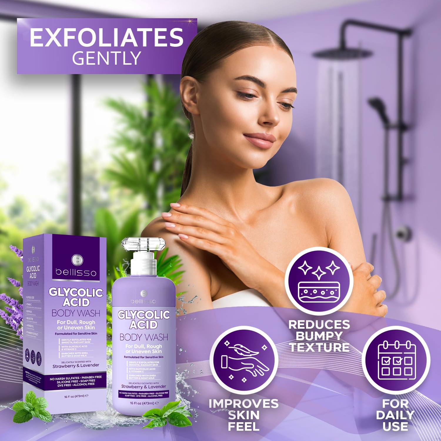 BELLISSO Glycolic Acid Body Wash - Exfoliating AHA Liquid Soap for Rough and Bumpy Skin - Gentle Exfoliant - Bump and Lump Eraser Formula - 16 Fl Oz - Image 2