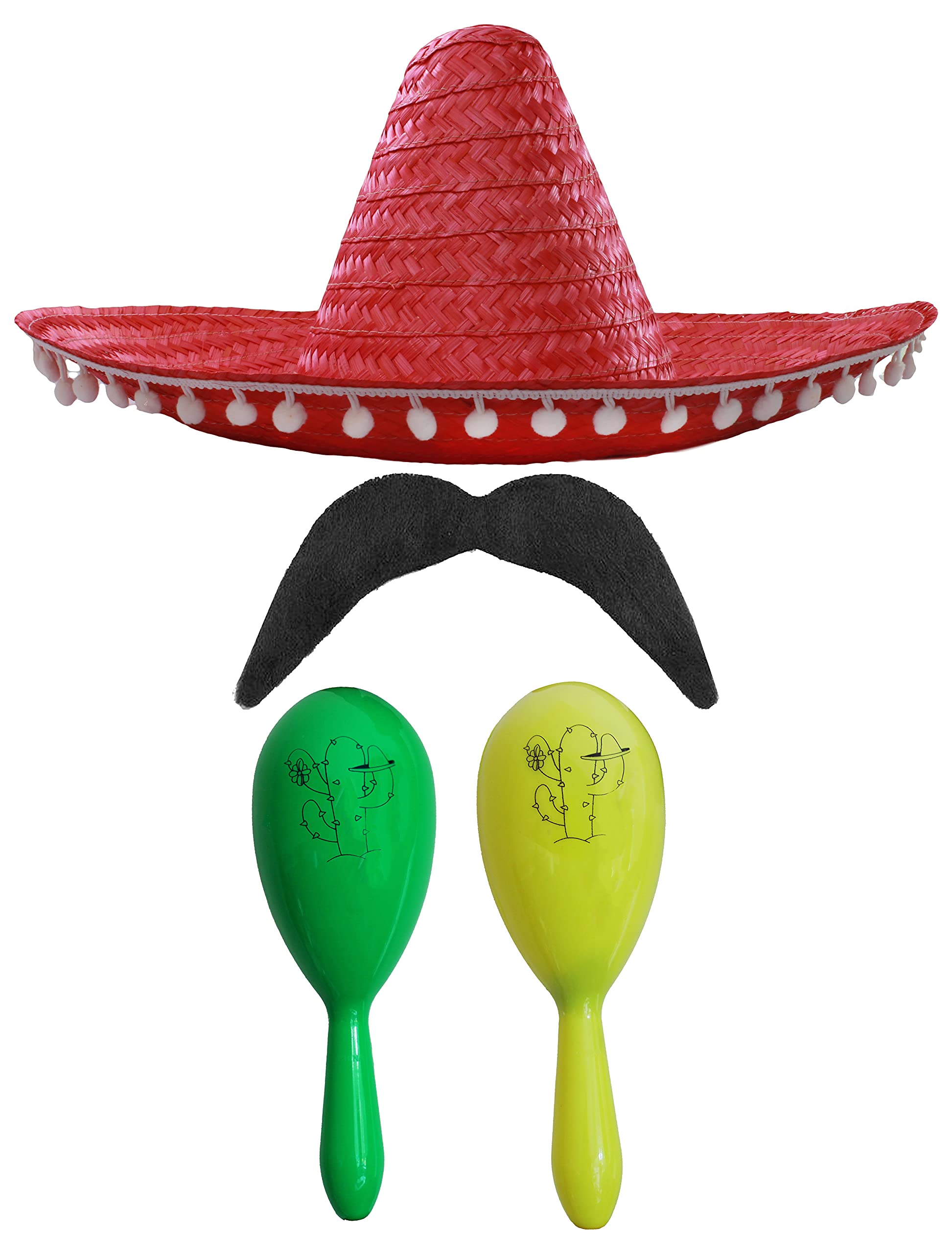 Adults Mexican Accessory Set - Natural Mexican Sombrero, Green & Yellow Maracas, Moustache - Mexican Cinco de Mayo Sensorita Bandit Mariachi Fancy Dress Costume Accessory Set