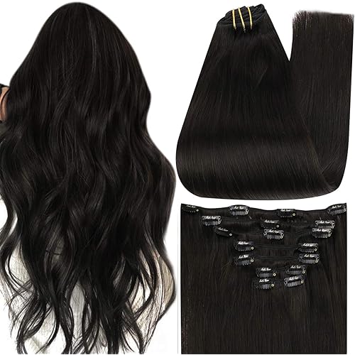 Full Shine Clip in Human Hair Extensions Black 10inch Real Hair Clip in Extensions Color 1B Off Black Real Hair Extensions Clip in Human Hair for Short Hair 80 Gram 7Pcs