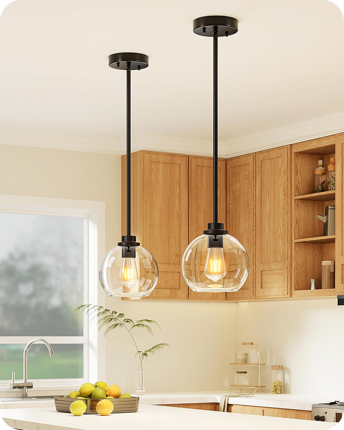 EDISHINE Modern Pendant Lights Kitchen Island 2 Pack, Hanging Light Fixture with Clear Glass Globe Shade, Hardwired Matte Black Adjustable Metal Rod for Bathroom, Dining Room, Bedroom Black 2 Pack