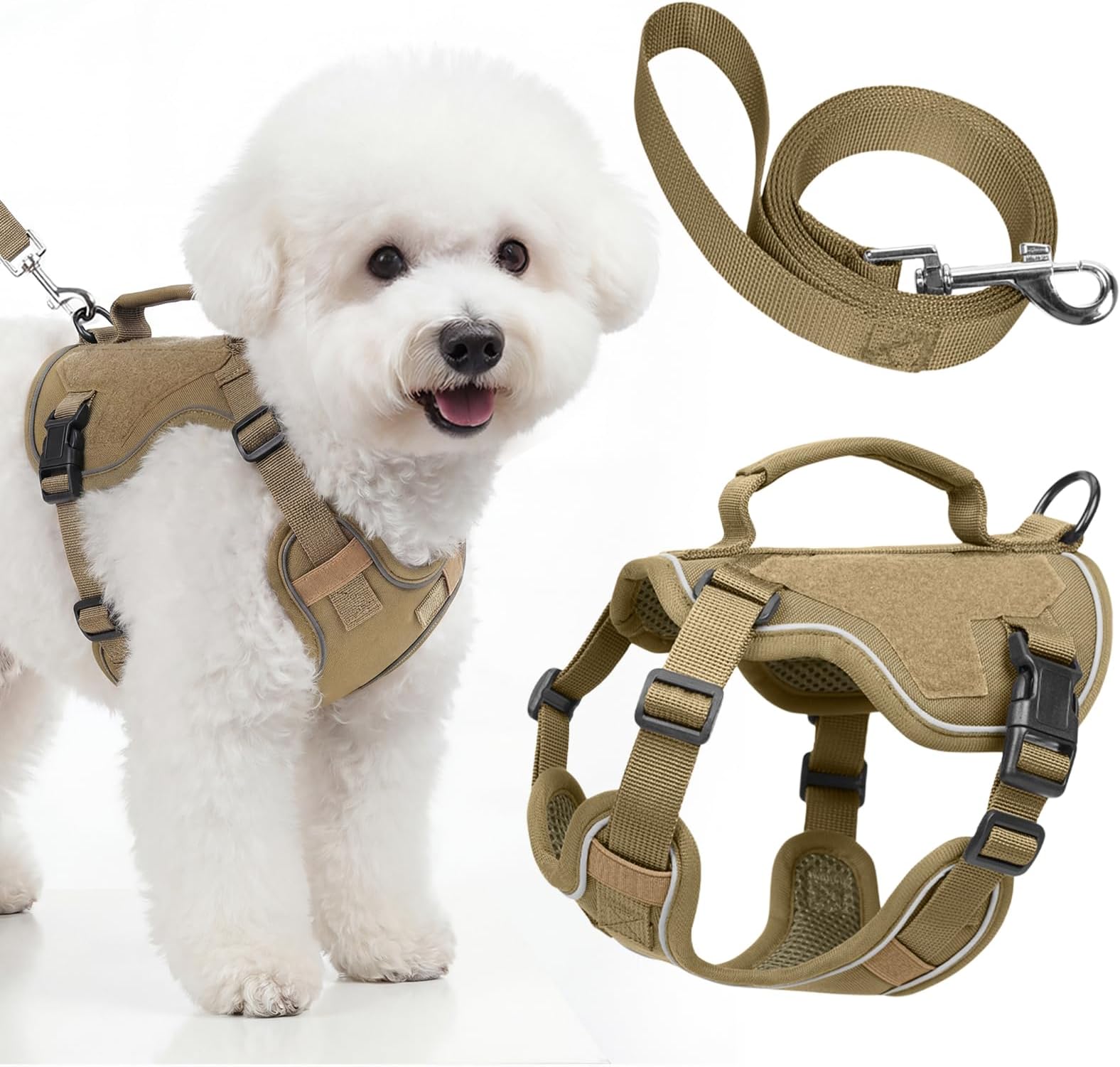 Dog Harness and Leash Set, Reflective Oxford No Choke Pet Vest, Escape Proof Adjustable Puppy Vest Harness, Soft Padded with Easy Control Handle, for Small Medium Dogs (Khaki, XXS)