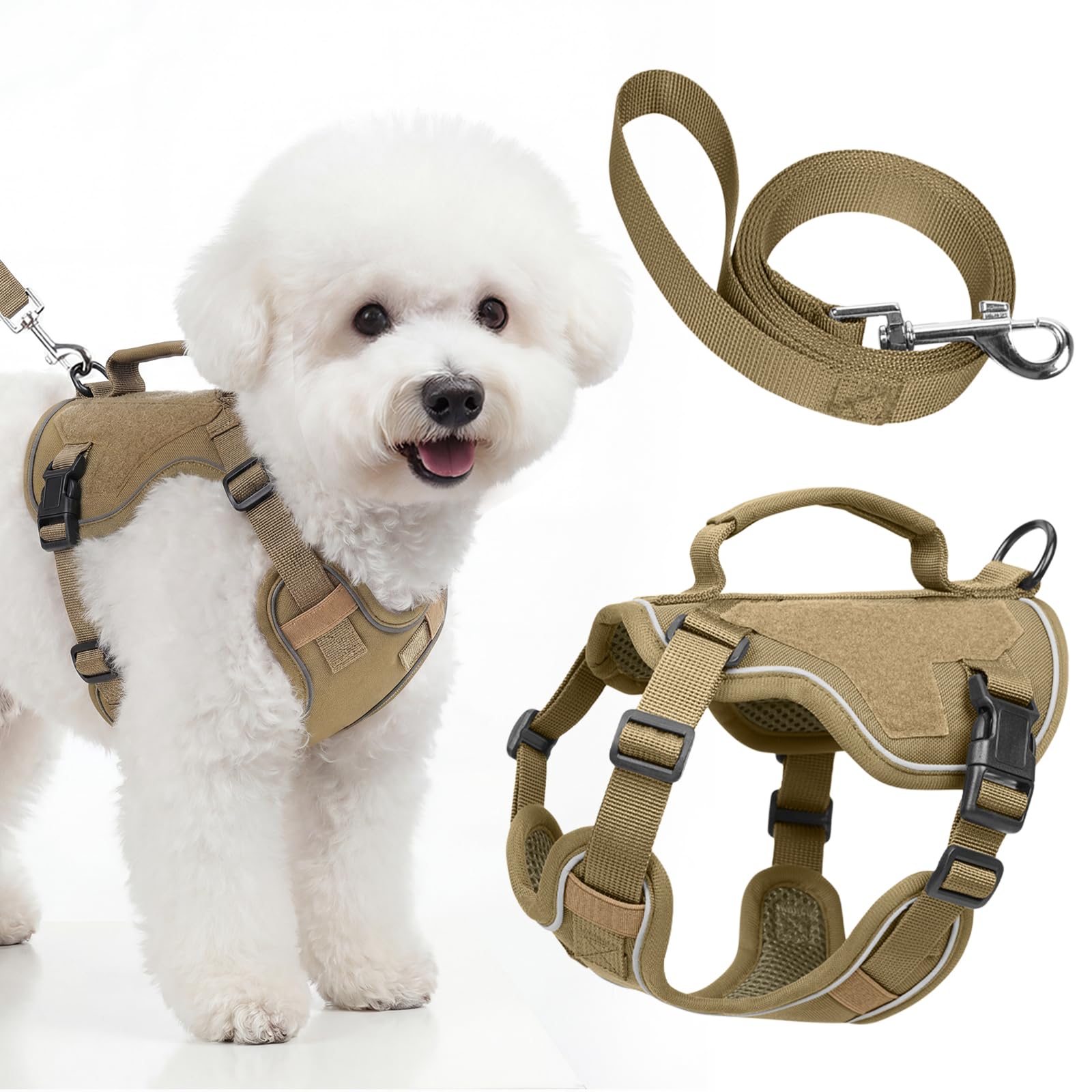 Ledeak Dog Harness and Leash Set, Reflective Oxford No Choke Pet Vest, Escape Proof Adjustable Puppy Vest Harness, Soft Padded with Easy Control Handle, for Small Medium Dogs (Khaki, XXS)