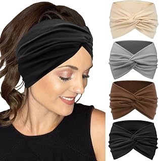 IVARYSS Extra Wide Headbands For Women Non-Slip, 7'' Large Twist Knotted Stretchy Wraps Head Bands Hair Accessories, 4 Pack, Neutral Color