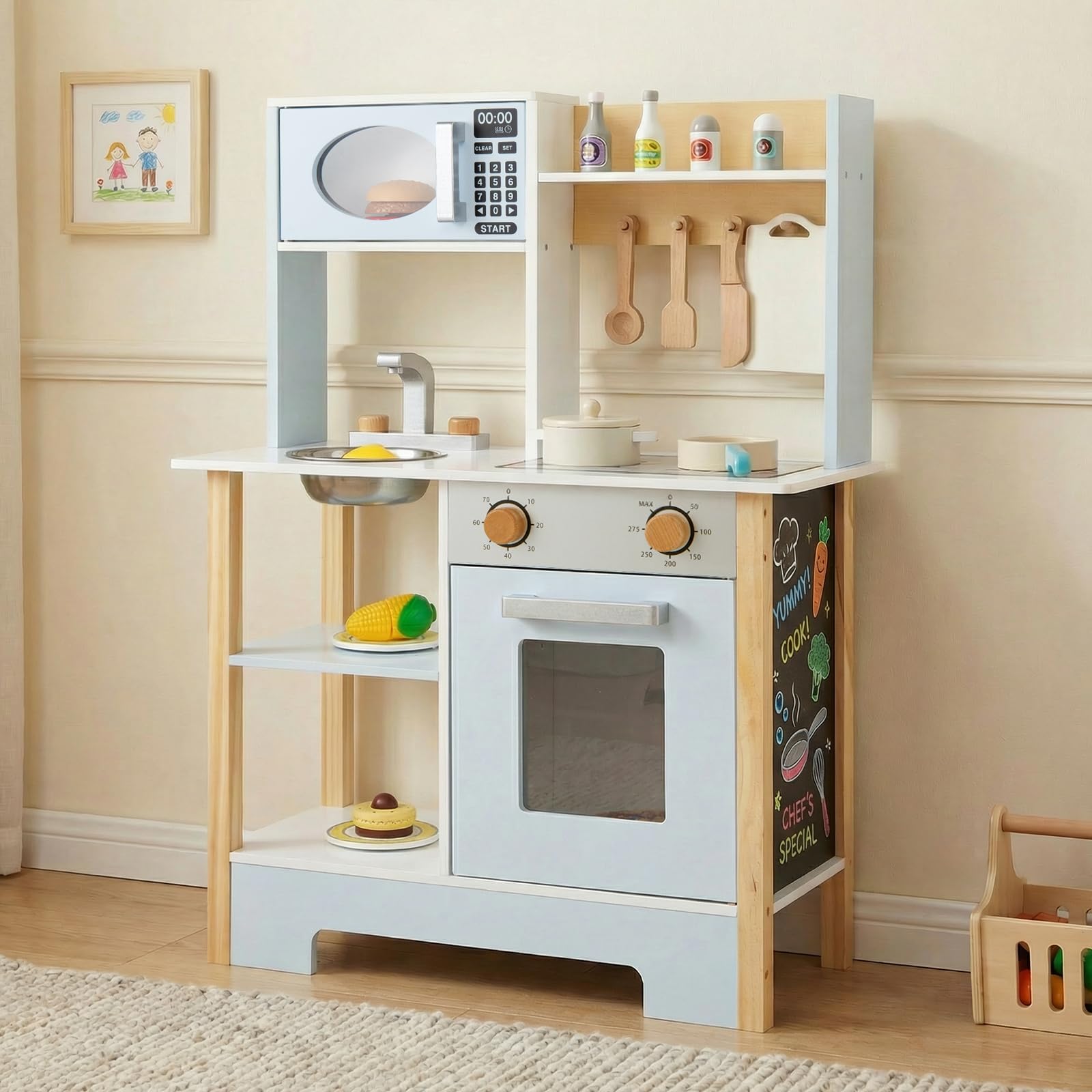 COSTWAY Cucina Giocattolo in Legno per Bambini, Set Cucina Gioco con Lavagna e Accessori Completi, Gioco di Finzione per Bambini 3+ Anni, 61,5 x 26 x 85 cm