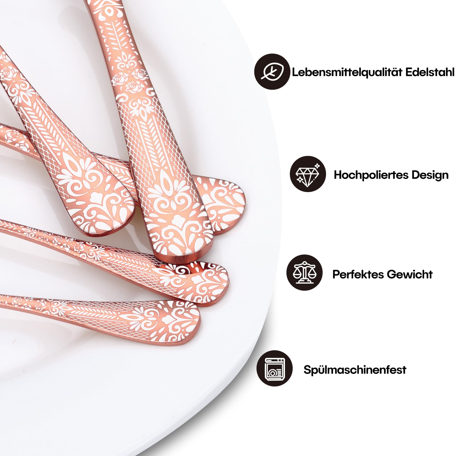 36-teiliges Besteck Set Roségold für 6 Personen, HONKKU Edelstahl Besteckset mit Steakmesser, Essbesteck Set Spiegel Polierter mit Blumenmustern, Gabel Löffel Messer Set Geschirrspüler Safe