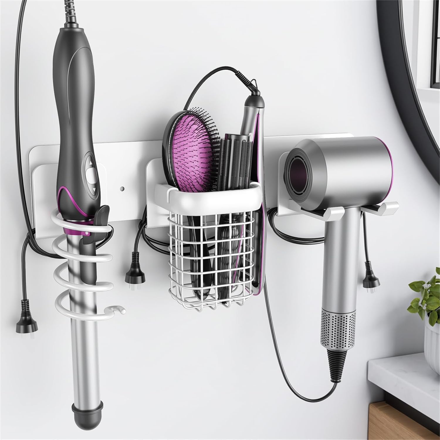 Tindbea Upgraded Aluminum Alloy Hair Dryer Holder Wall Mounted with Built-in Cord Wrap,3-in-1 Hair Tool Organizer for Blow Dryer, curling iron, and straightener, Green